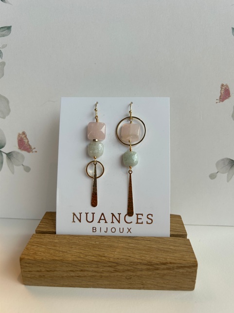 Boucles d'oreille Lou jade et quartz rose - Nuances 